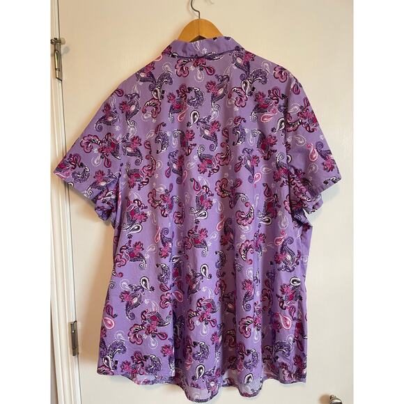 Woman Within Perfect Short Sleeve Shirt button up collar purple paisley 3X 30-32 - Picture 2 of 8